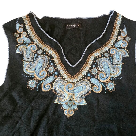 Y2K FANG Black Tank Sleeveless Top Blue Paisley Bronze‎ Glitter Vneck Sz M - Picture 2 of 7